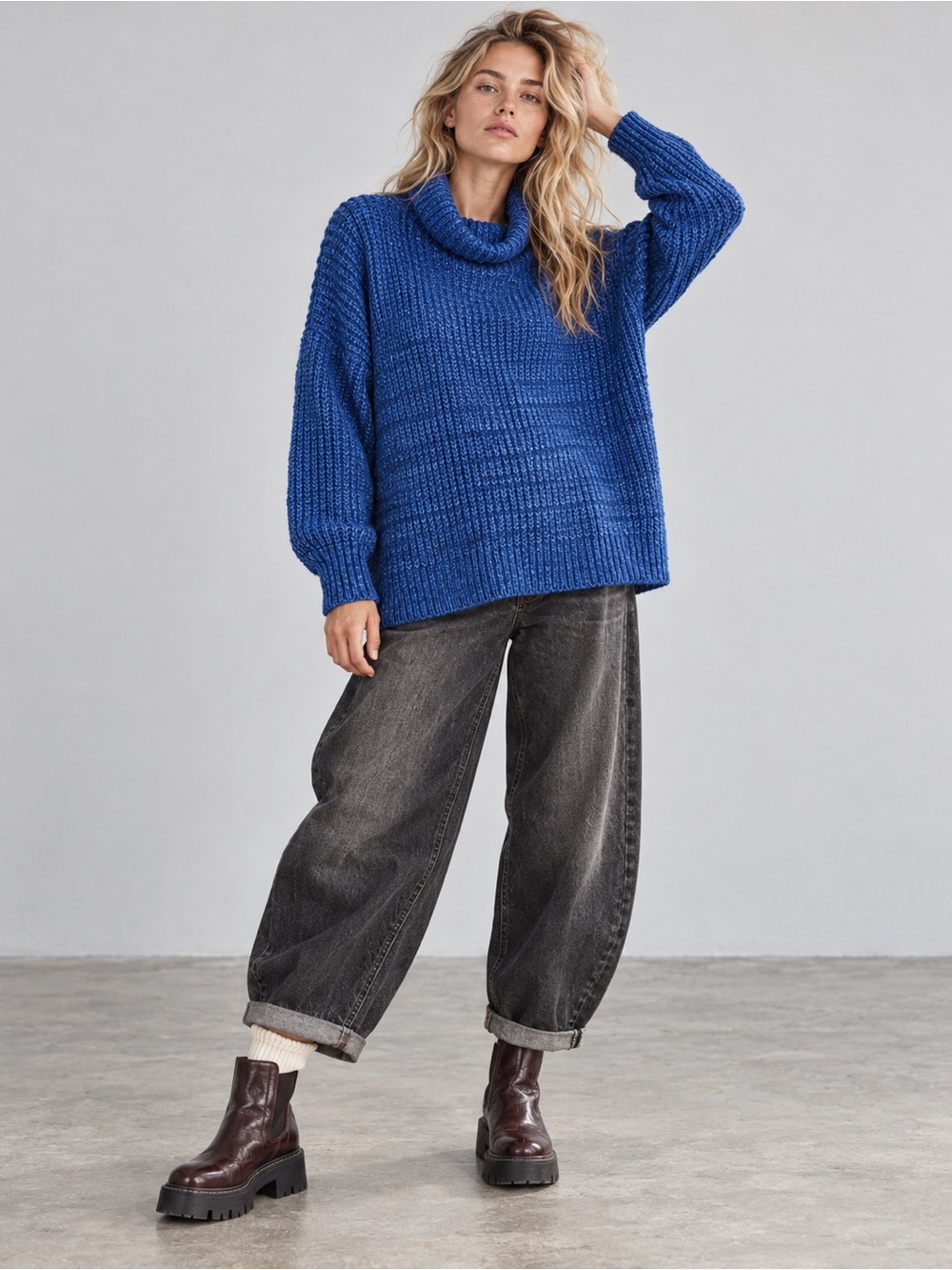 Free People Eleven Chunky Knit Blue Long Tunic Sweater Turtleneck Size XS Winter